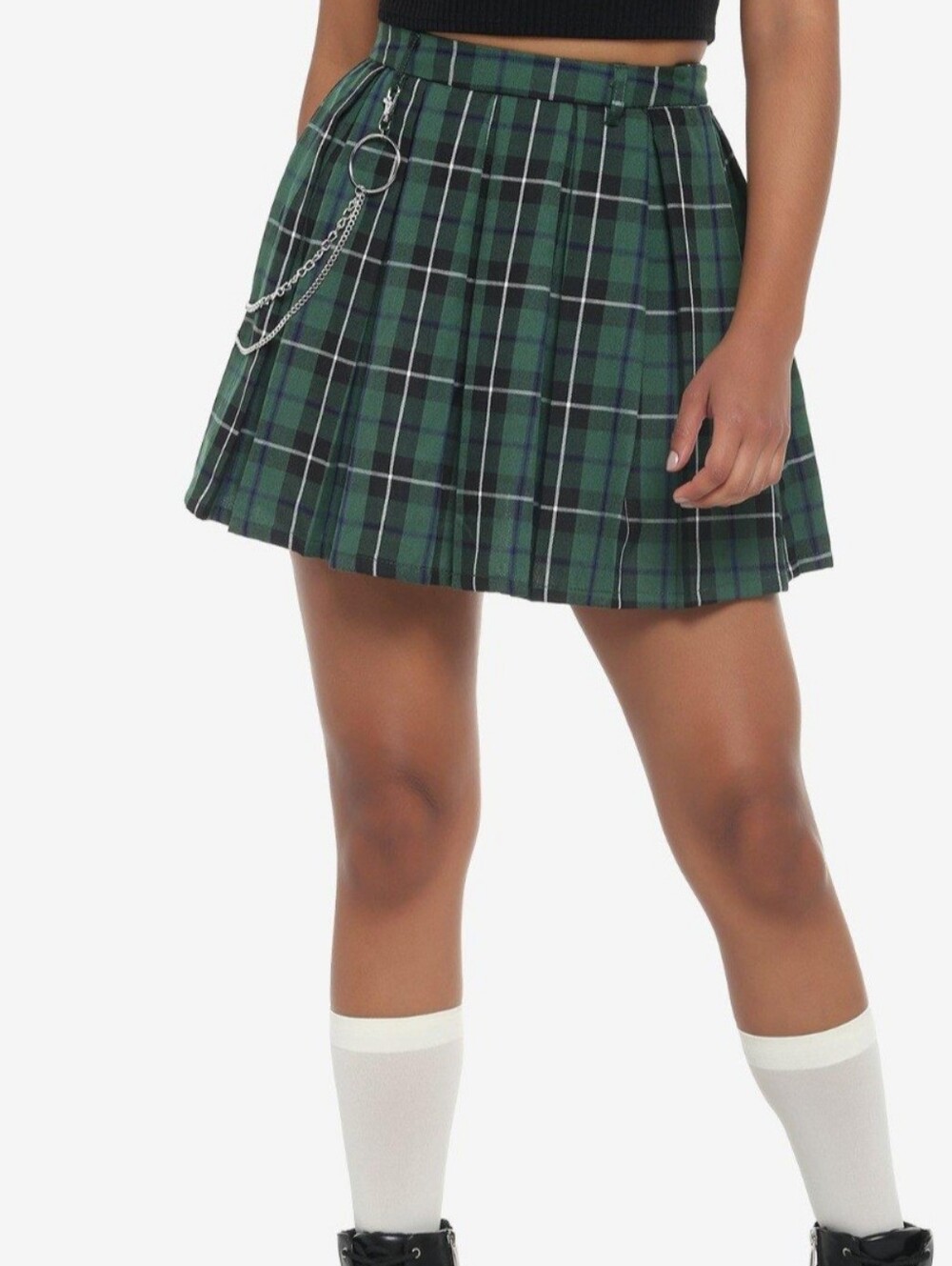 Hot Topic Green and Black Plaid Pleated Mini Skirt with Silver Chain